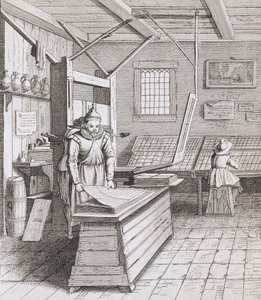 La encuadernación de Laurens Janszoon Koster, grabado por J. van der Velde, publicado en 